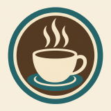 A pixelated coffee cup badge with steam curls, shown enlarged to show the pixels.