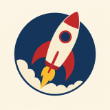 A pixelated retro rocket patch design, shown enlarged to show the pixels.